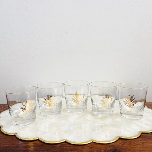 MCM Gilt Gold Trim Wheat Glass Tumblers Bar Cart Bar Drinking Glasses 3 1/4” - Picture 3 of 16